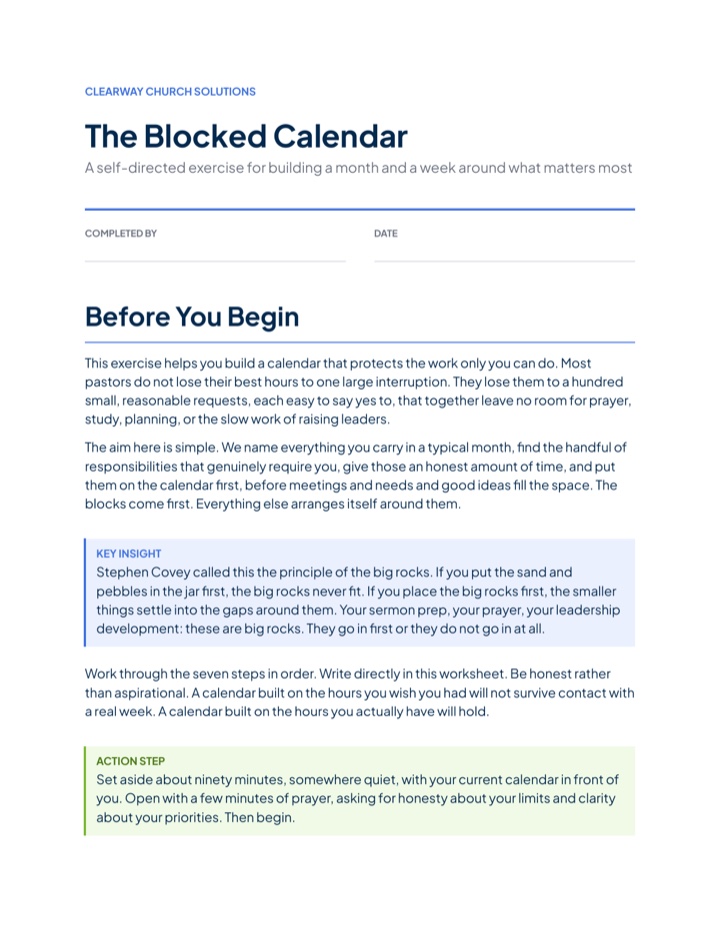 The cover of The Blocked Calendar worksheet from Clearway.