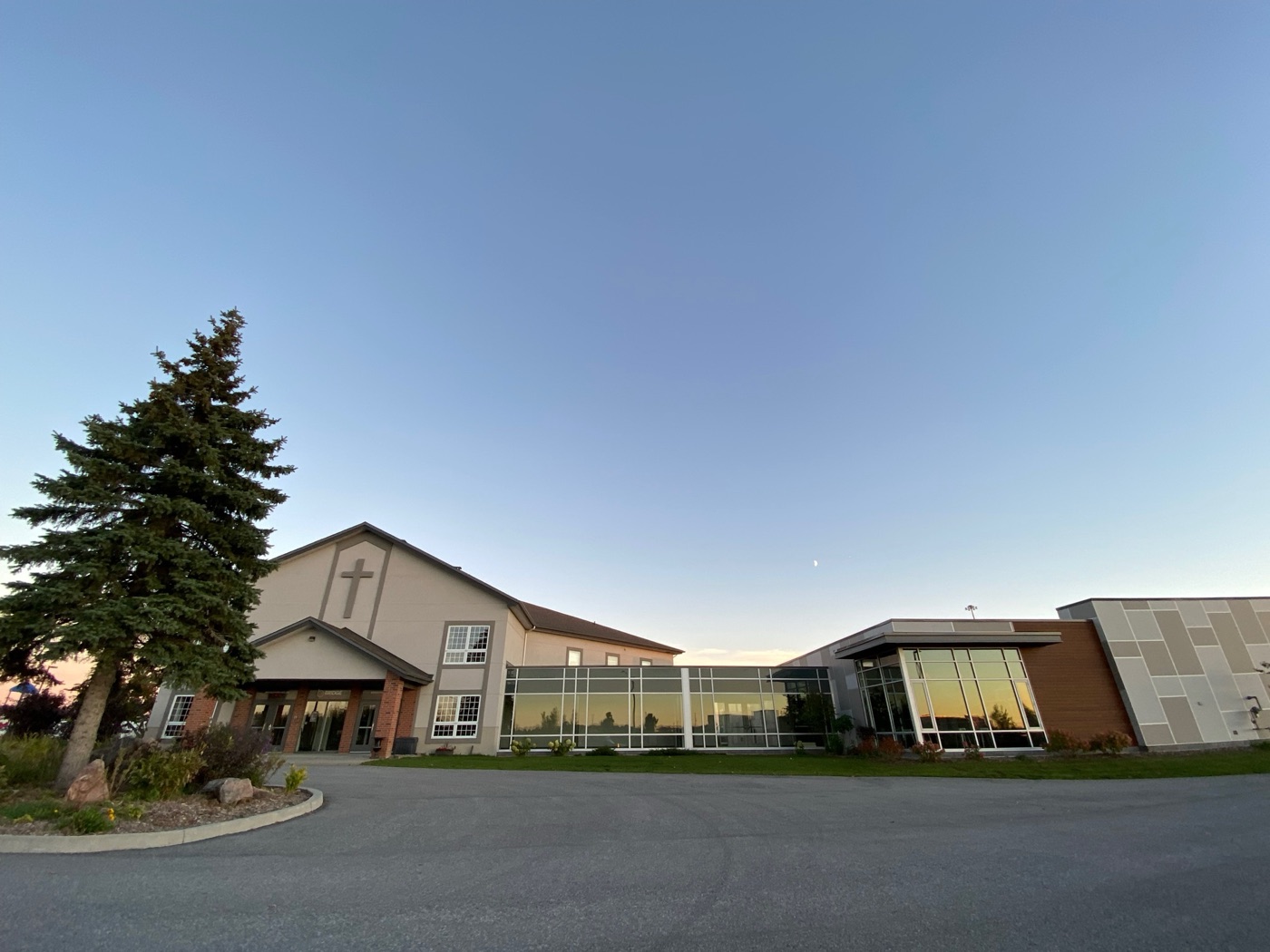 A church building at dusk