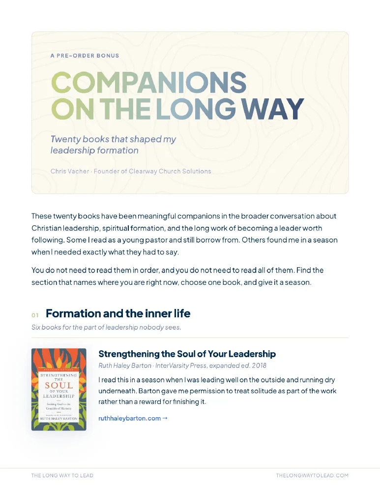 Page one of Companions on the Long Way, Chris Vacher's leadership book list
